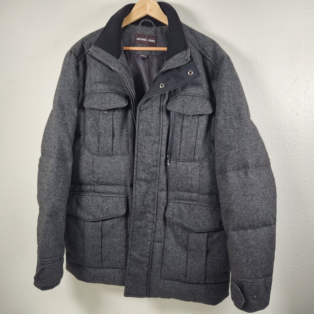 Michael Kors Mens Wool Blend Down Field Jacket Charcoal Gray Military Biker Med